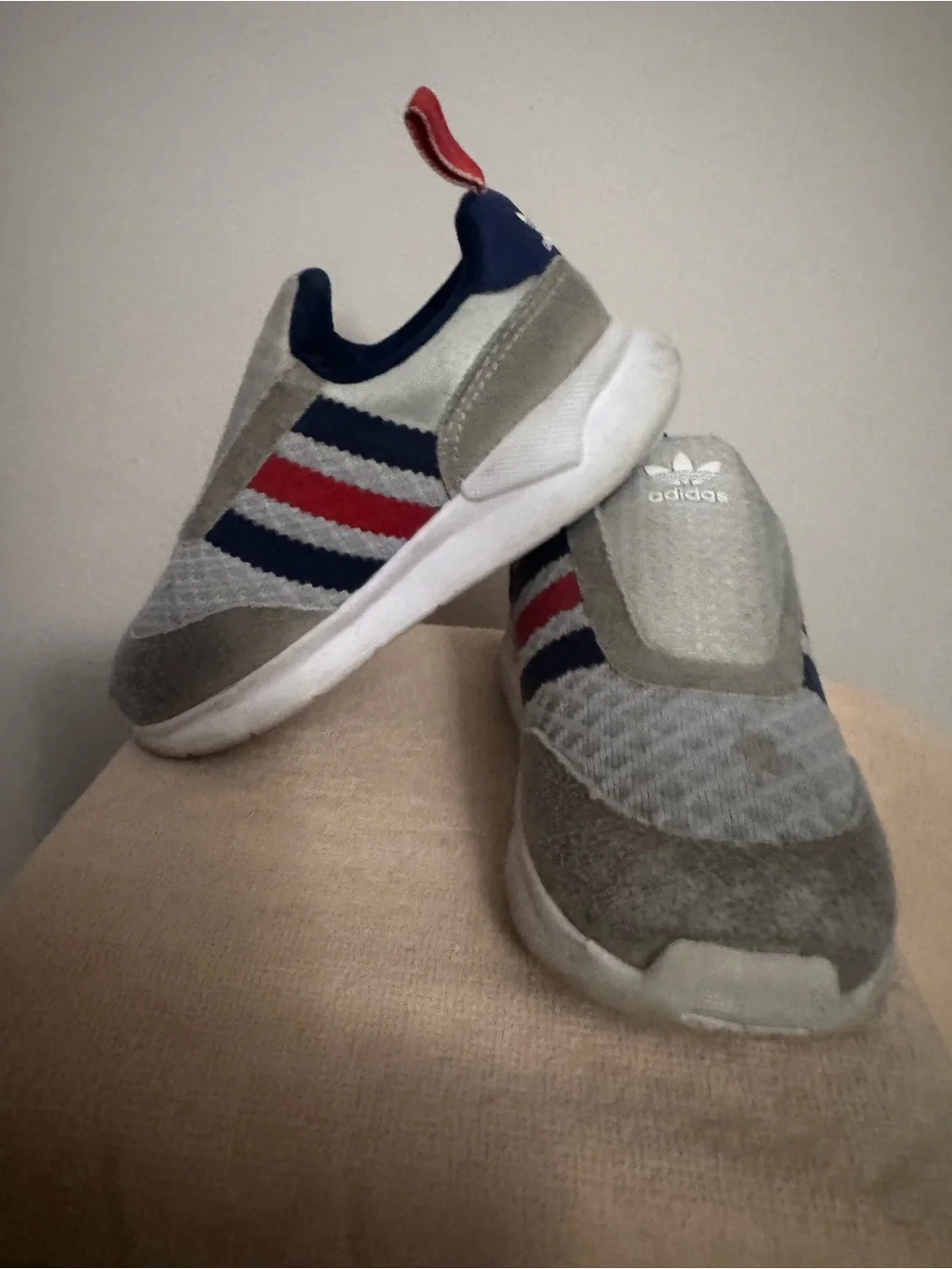 adidas Kids Gray Slip-On Sneakers with Navy & Red Stripes